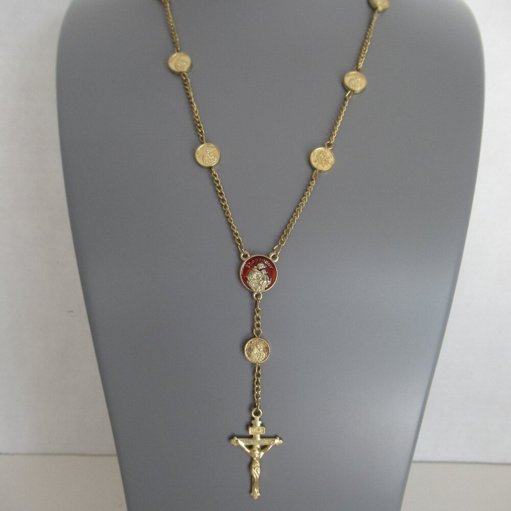 Women's Rosary Necklace - Gold Plated and Enamel Rosary Bead Cross & St. Anthony